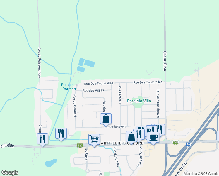 map of restaurants, bars, coffee shops, grocery stores, and more near 233 Rue des Orioles in Sherbrooke