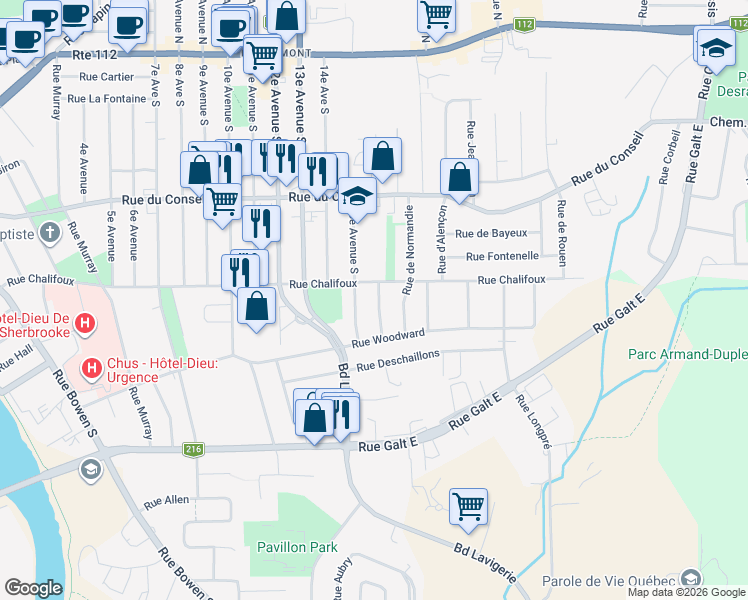 map of restaurants, bars, coffee shops, grocery stores, and more near 469 Rue Albanel in Sherbrooke