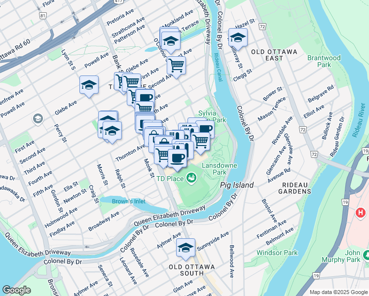 map of restaurants, bars, coffee shops, grocery stores, and more near 44 Holmwood Avenue in Ottawa