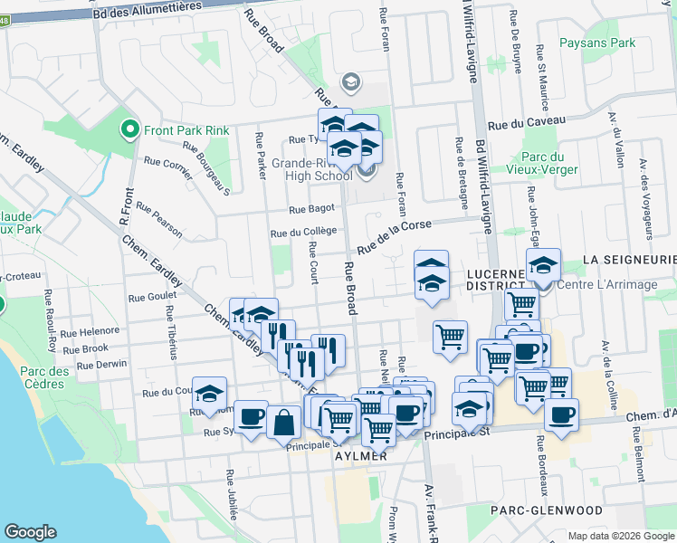 map of restaurants, bars, coffee shops, grocery stores, and more near 13 Rue André-Larue in Gatineau