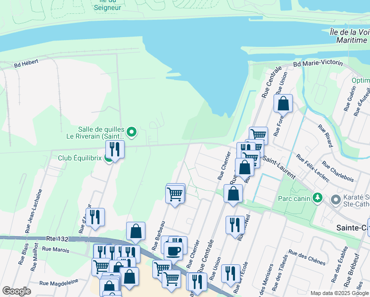 map of restaurants, bars, coffee shops, grocery stores, and more near 1100 Rue Barbeau in Sainte-Catherine