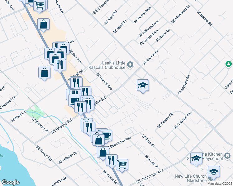 map of restaurants, bars, coffee shops, grocery stores, and more near 4670 Southeast Roethe Road in Milwaukie