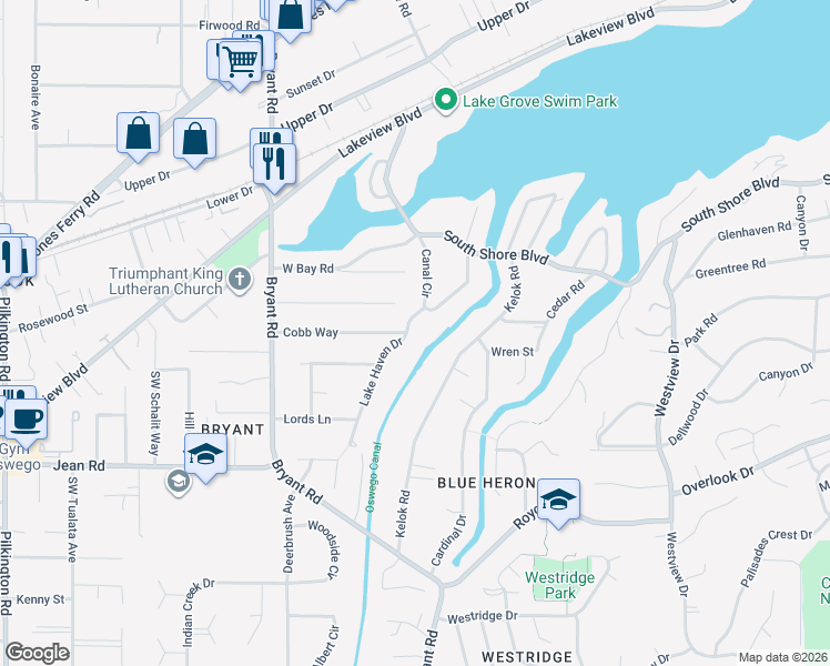 map of restaurants, bars, coffee shops, grocery stores, and more near 17282 Lake Haven Drive in Lake Oswego