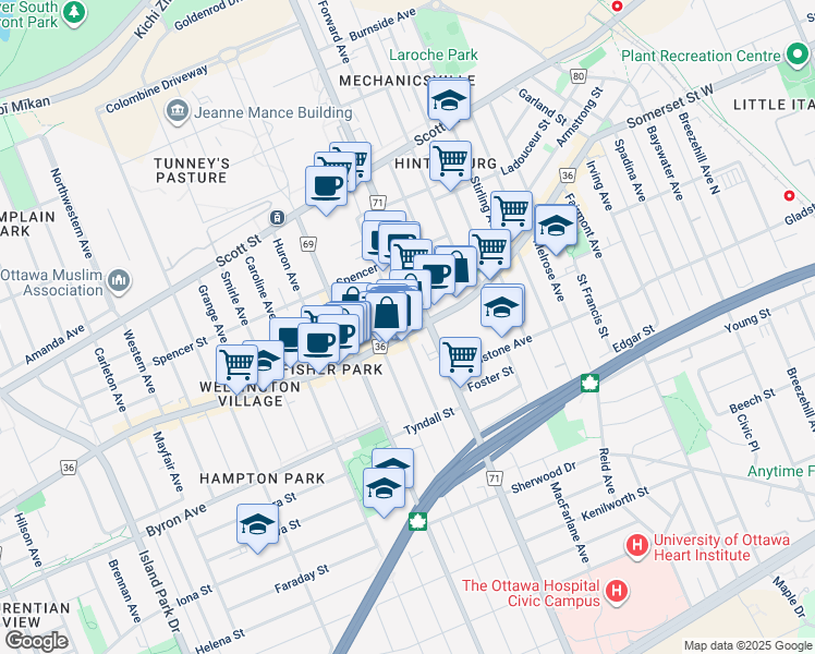 map of restaurants, bars, coffee shops, grocery stores, and more near 85 Hinton Avenue North in Ottawa