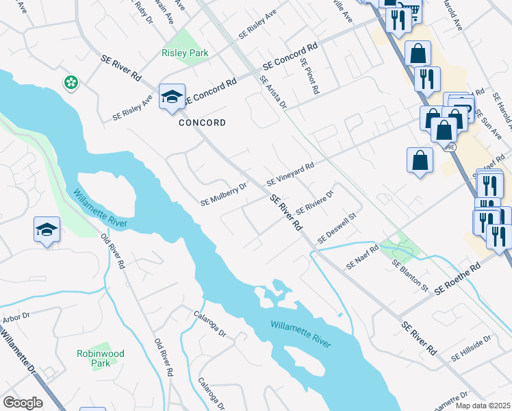 map of restaurants, bars, coffee shops, grocery stores, and more near 2804 Southeast Vineyard Way in Milwaukie