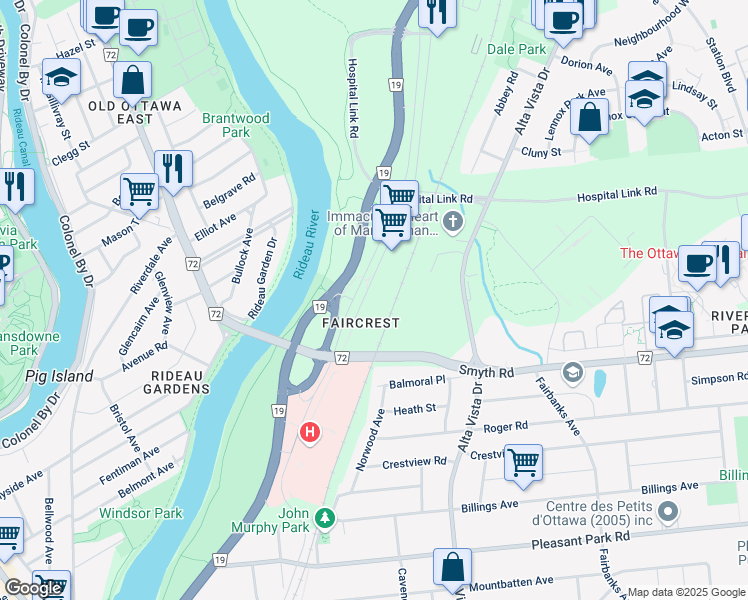 map of restaurants, bars, coffee shops, grocery stores, and more near 1801 Frobisher Lane in Ottawa