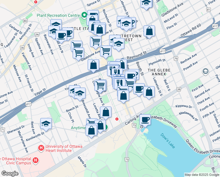 map of restaurants, bars, coffee shops, grocery stores, and more near in Ottawa