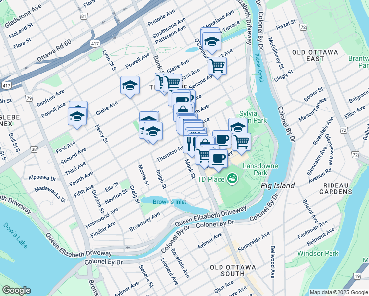 map of restaurants, bars, coffee shops, grocery stores, and more near 17 Monk Street in Ottawa