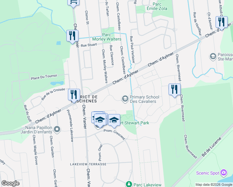 map of restaurants, bars, coffee shops, grocery stores, and more near 105 Rue Nancy-Elliott in Gatineau