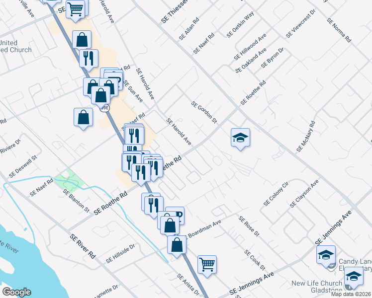map of restaurants, bars, coffee shops, grocery stores, and more near 4670 Southeast Roethe Road in Milwaukie