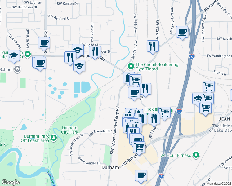 map of restaurants, bars, coffee shops, grocery stores, and more near 16502 Southwest Deer Terrace in Portland