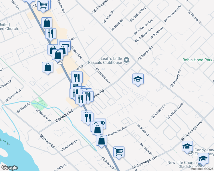 map of restaurants, bars, coffee shops, grocery stores, and more near 4670 Southeast Roethe Road in Milwaukie