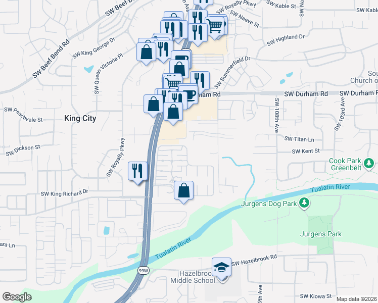 map of restaurants, bars, coffee shops, grocery stores, and more near 11480 Southwest Royal Villa Drive in Tigard