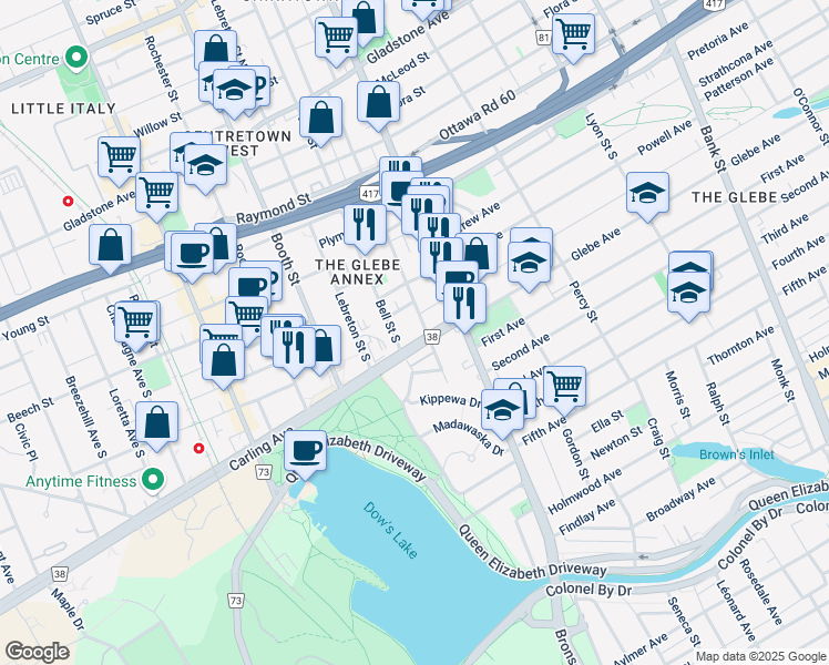 map of restaurants, bars, coffee shops, grocery stores, and more near 289 Carling Avenue in Ottawa