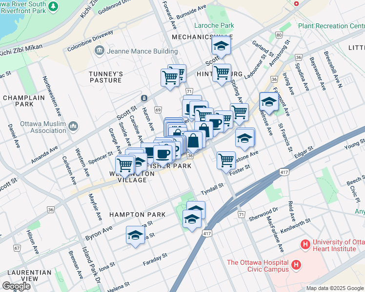 map of restaurants, bars, coffee shops, grocery stores, and more near 95 Holland Avenue in Ottawa