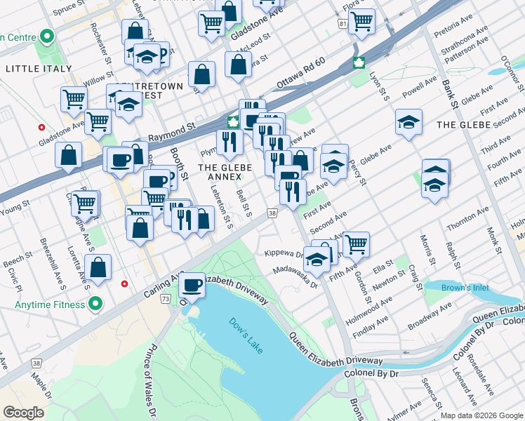 map of restaurants, bars, coffee shops, grocery stores, and more near 550 Cambridge Street South in Ottawa
