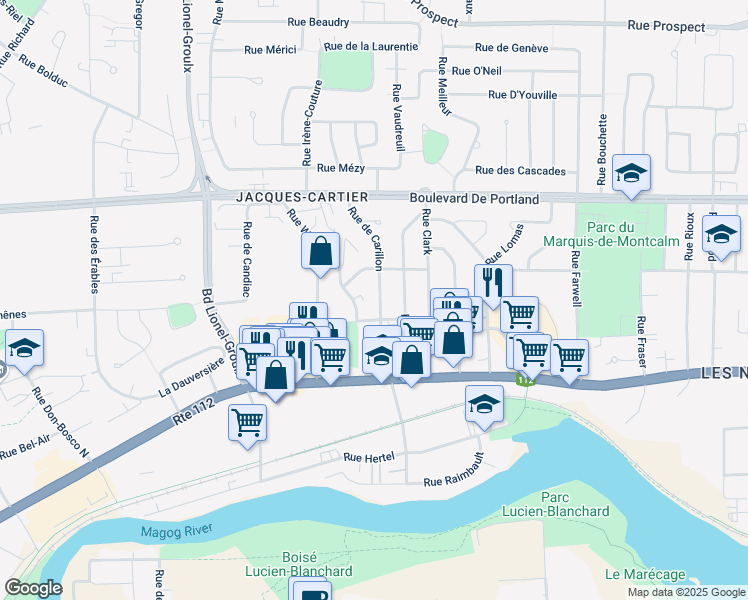map of restaurants, bars, coffee shops, grocery stores, and more near 135 Rue de Carillon in Sherbrooke