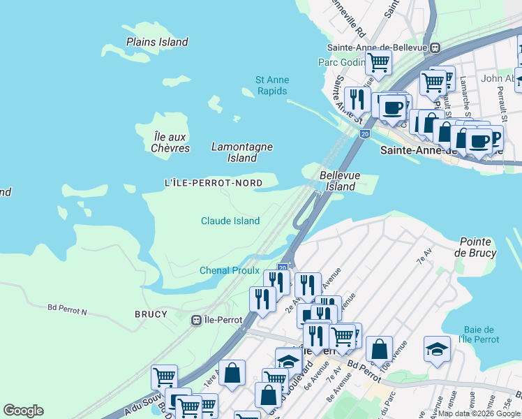 map of restaurants, bars, coffee shops, grocery stores, and more near 21 Rue des Manoirs in L'Île-Perrot