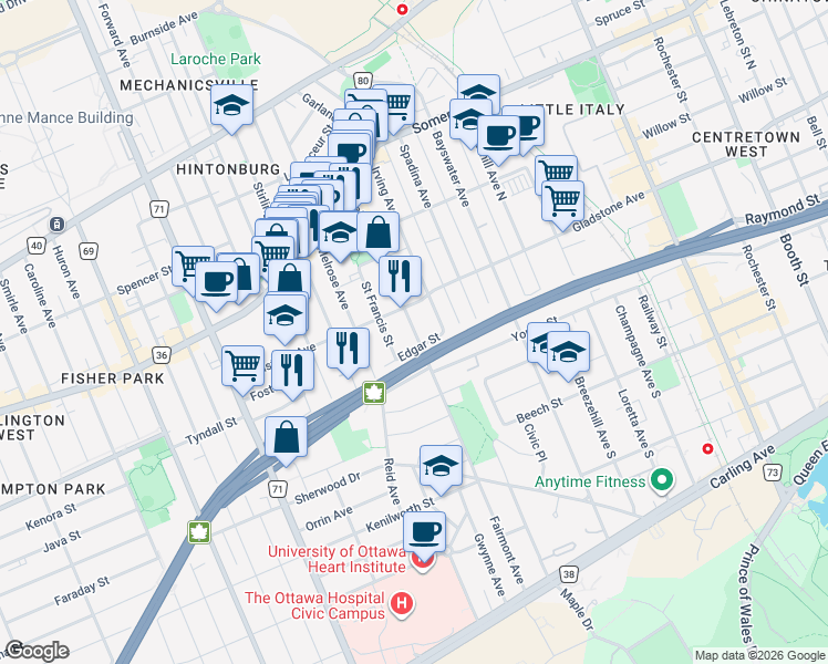 map of restaurants, bars, coffee shops, grocery stores, and more near Fairmont Avenue in Ottawa