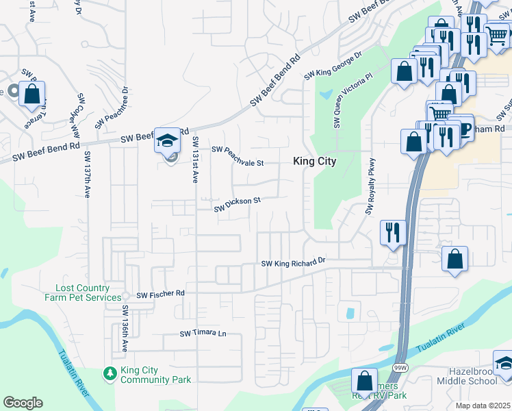 map of restaurants, bars, coffee shops, grocery stores, and more near 16514 Southwest Matador Lane in Tigard