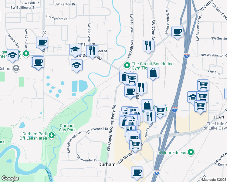 map of restaurants, bars, coffee shops, grocery stores, and more near 16502 Southwest Deer Terrace in Portland