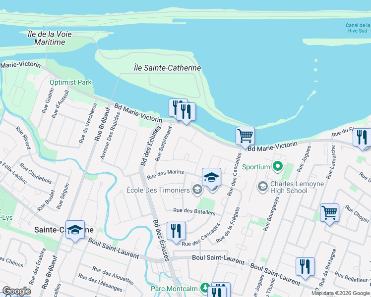 map of restaurants, bars, coffee shops, grocery stores, and more near 3950 Place de l'Écueil in Sainte-Catherine
