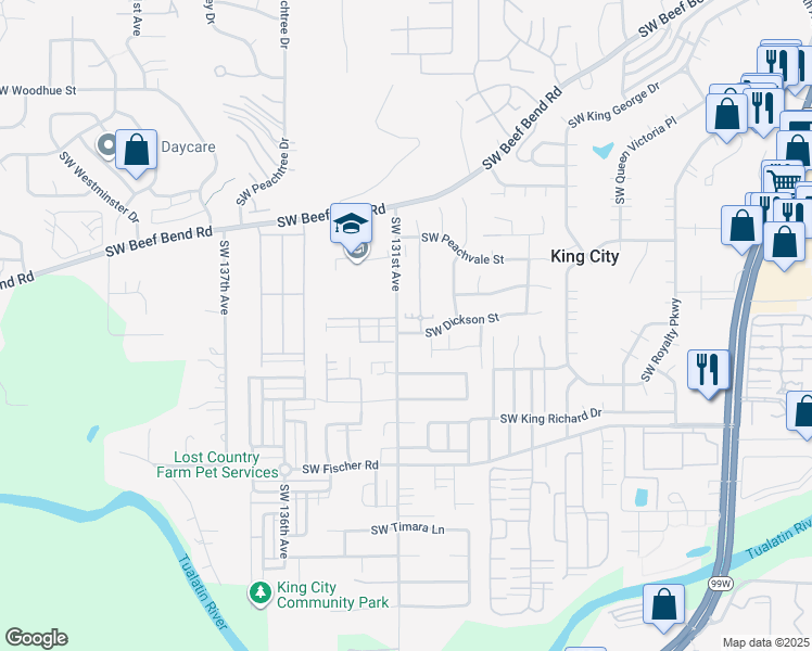 map of restaurants, bars, coffee shops, grocery stores, and more near 16503 Southwest 130th Avenue in King City