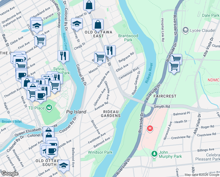 map of restaurants, bars, coffee shops, grocery stores, and more near 111 Glenview Avenue in Ottawa