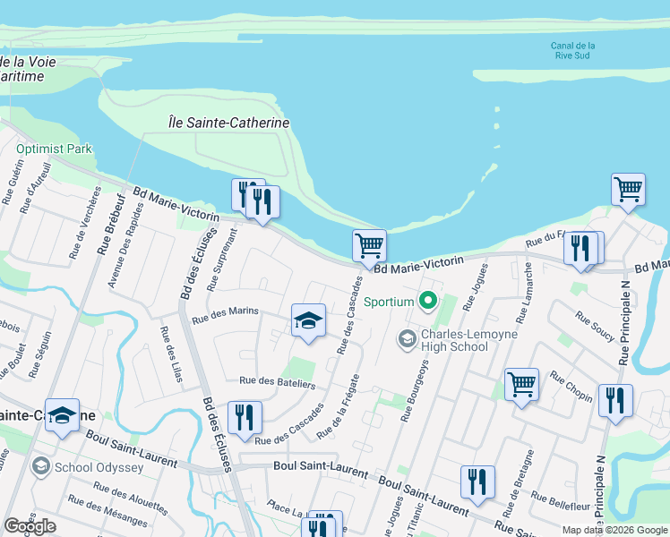 map of restaurants, bars, coffee shops, grocery stores, and more near 3785 Boulevard Marie-Victorin in Sainte-Catherine