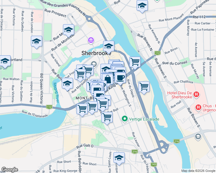 map of restaurants, bars, coffee shops, grocery stores, and more near 187 Rue King Ouest in Sherbrooke