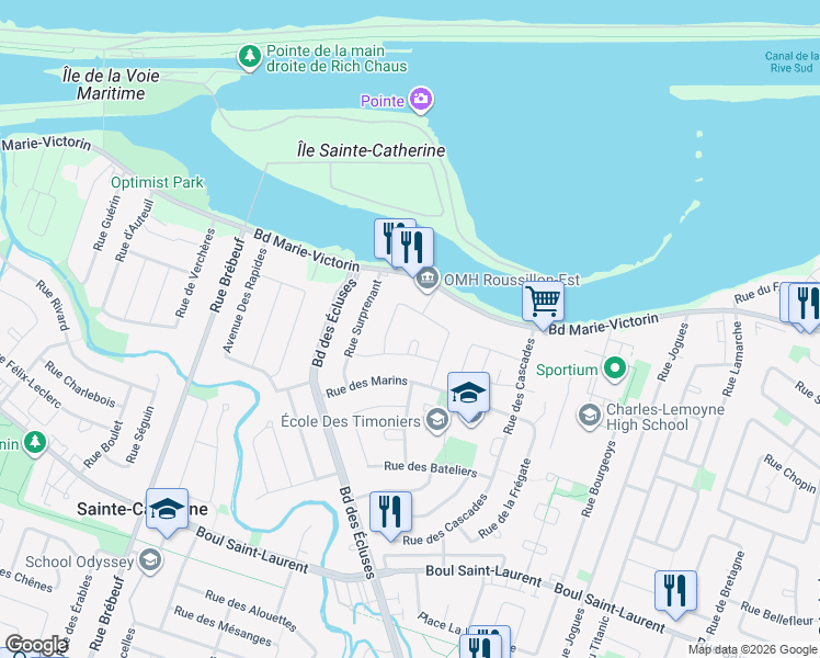 map of restaurants, bars, coffee shops, grocery stores, and more near 3950 Place de l'Écueil in Sainte-Catherine