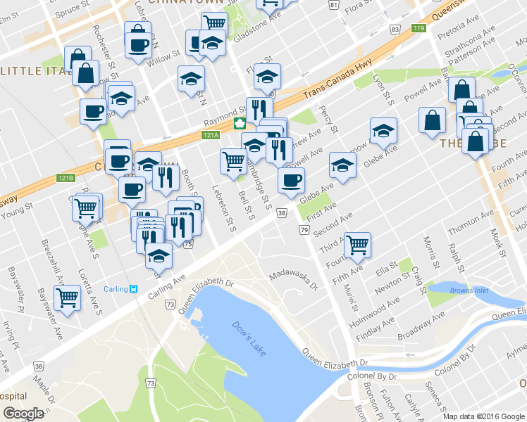 map of restaurants, bars, coffee shops, grocery stores, and more near 289 Carling Avenue in Ottawa