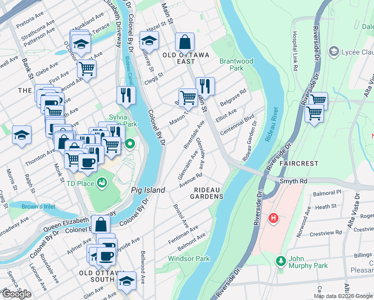 map of restaurants, bars, coffee shops, grocery stores, and more near 85 Riverdale Avenue in Ottawa