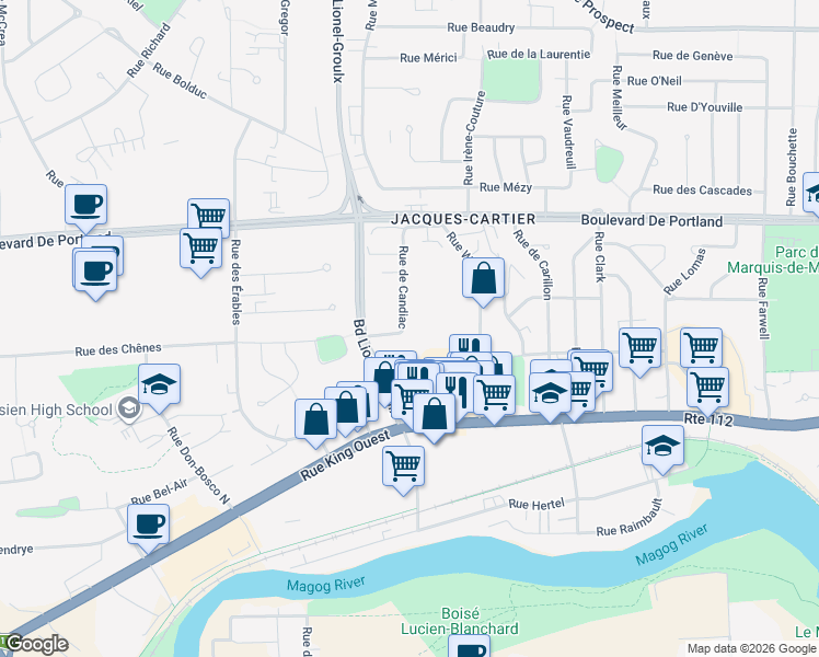 map of restaurants, bars, coffee shops, grocery stores, and more near 140 Rue de Candiac in Sherbrooke