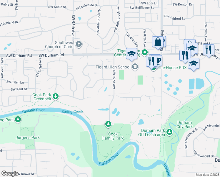 map of restaurants, bars, coffee shops, grocery stores, and more near 16445 Southwest 92nd Avenue in Tigard