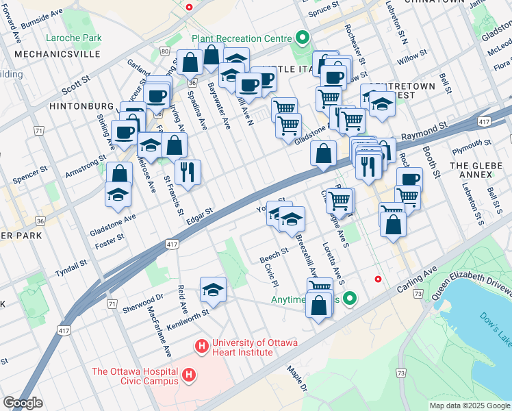map of restaurants, bars, coffee shops, grocery stores, and more near in Ottawa