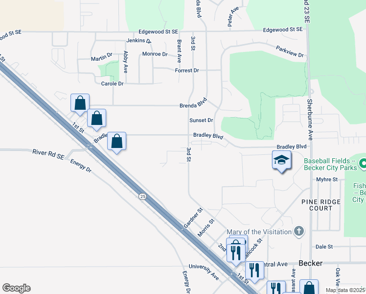 map of restaurants, bars, coffee shops, grocery stores, and more near 13492 3rd Street in Becker