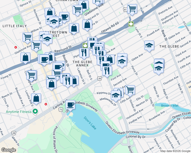 map of restaurants, bars, coffee shops, grocery stores, and more near 540 Cambridge Street South in Ottawa