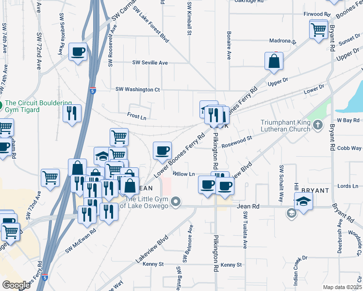 map of restaurants, bars, coffee shops, grocery stores, and more near 17350 Boones Ferry Road in Lake Oswego