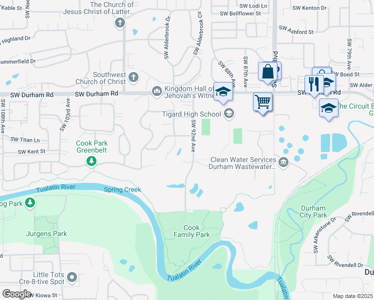 map of restaurants, bars, coffee shops, grocery stores, and more near 16445 Southwest 92nd Avenue in Tigard