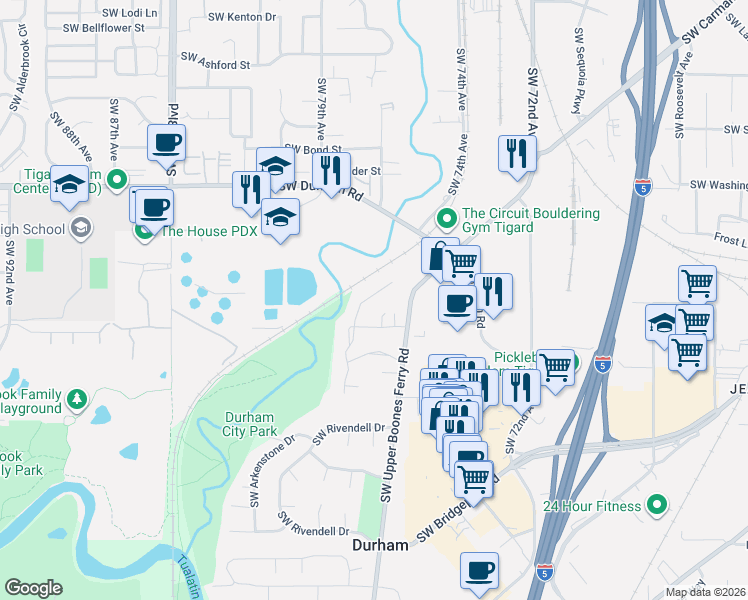 map of restaurants, bars, coffee shops, grocery stores, and more near 16450 Southwest Cambridge Lane in Portland