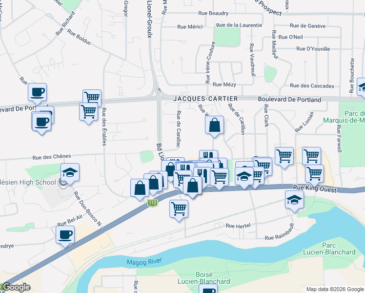 map of restaurants, bars, coffee shops, grocery stores, and more near 140 Rue de Candiac in Sherbrooke