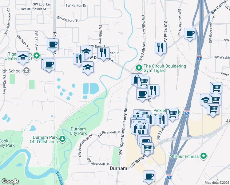 map of restaurants, bars, coffee shops, grocery stores, and more near 16462 Southwest Cambridge Lane in Portland