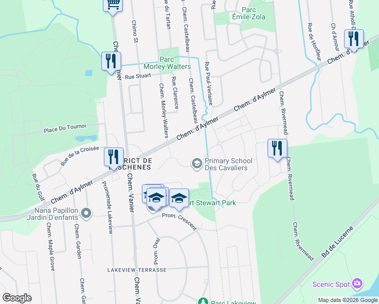 map of restaurants, bars, coffee shops, grocery stores, and more near 145 Rue Nancy-Elliott in Gatineau
