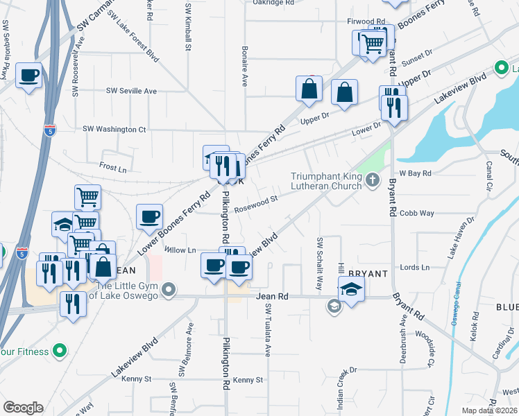 map of restaurants, bars, coffee shops, grocery stores, and more near 17348 Hunter Court in Lake Oswego
