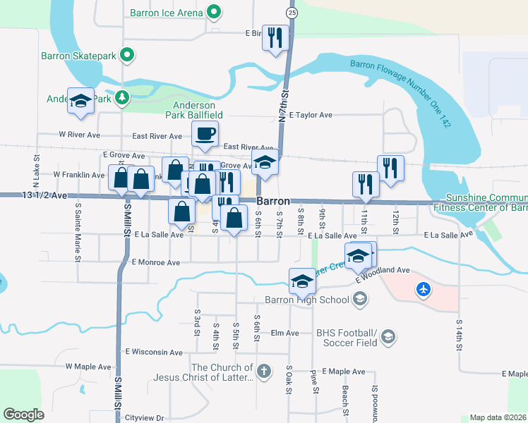 map of restaurants, bars, coffee shops, grocery stores, and more near 40 South 6th Street in Barron