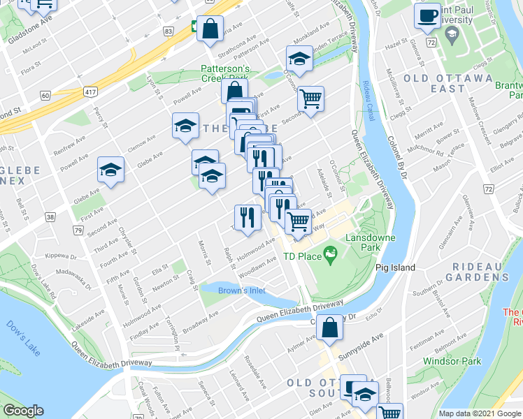 map of restaurants, bars, coffee shops, grocery stores, and more near in Ottawa