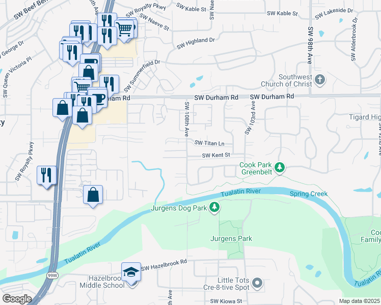 map of restaurants, bars, coffee shops, grocery stores, and more near 16450 Southwest 108th Avenue in Tigard