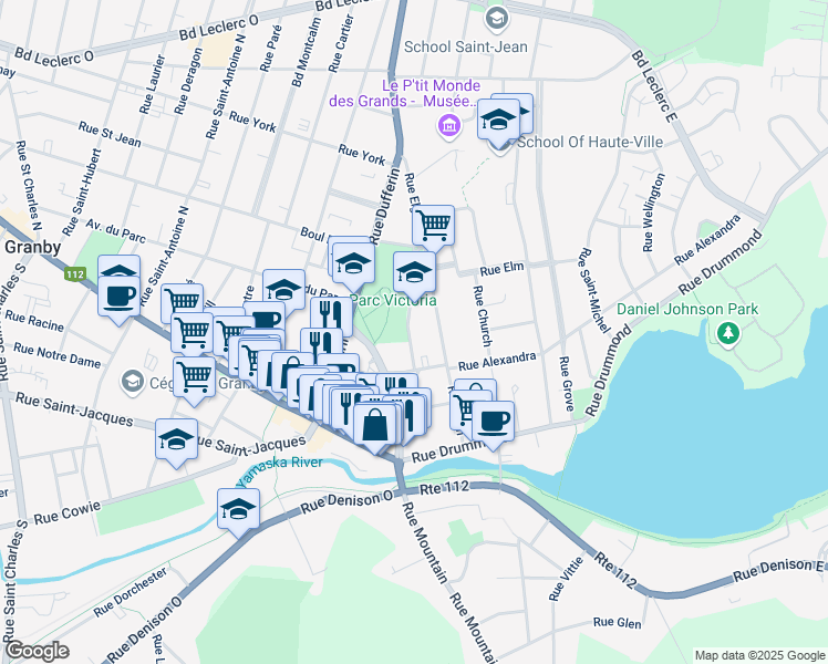 map of restaurants, bars, coffee shops, grocery stores, and more near 65 Rue Lorne in Granby