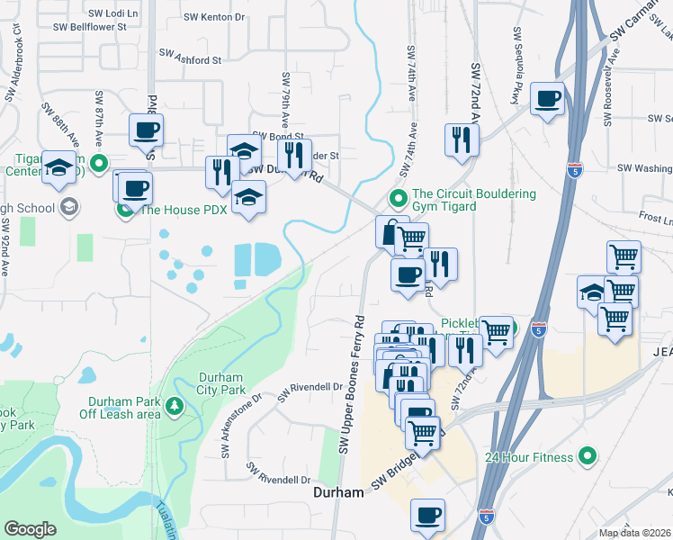 map of restaurants, bars, coffee shops, grocery stores, and more near 16438 Southwest Cambridge Lane in Portland
